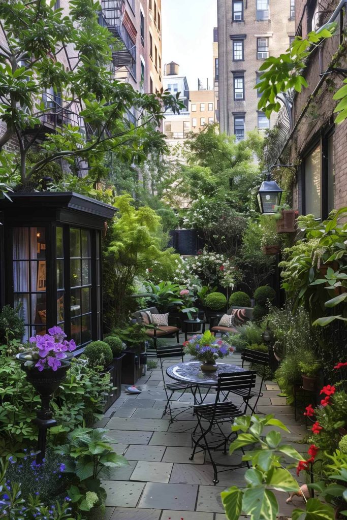 A small patio garden with planters, pavers, and a bistro set.