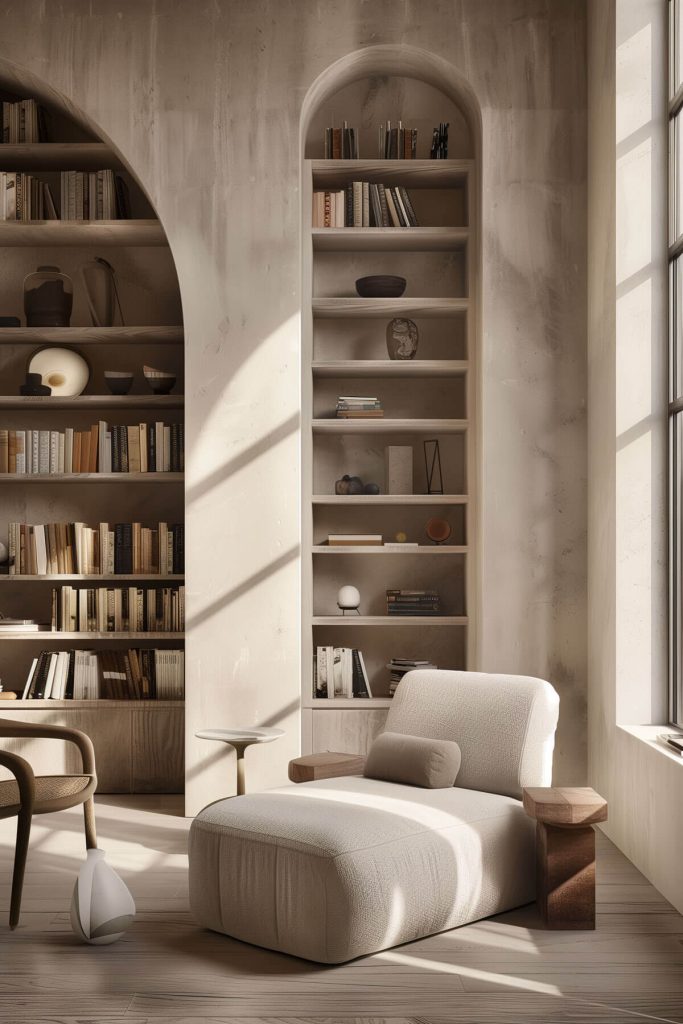 Unique, architectural detail with arched shelving units adding character to the library.