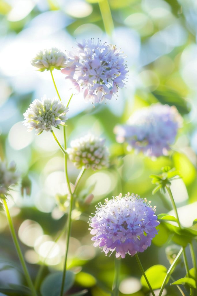 Delicate pincushion-like blue, pink, or white blooms of pincushion flower against a sunlit background.