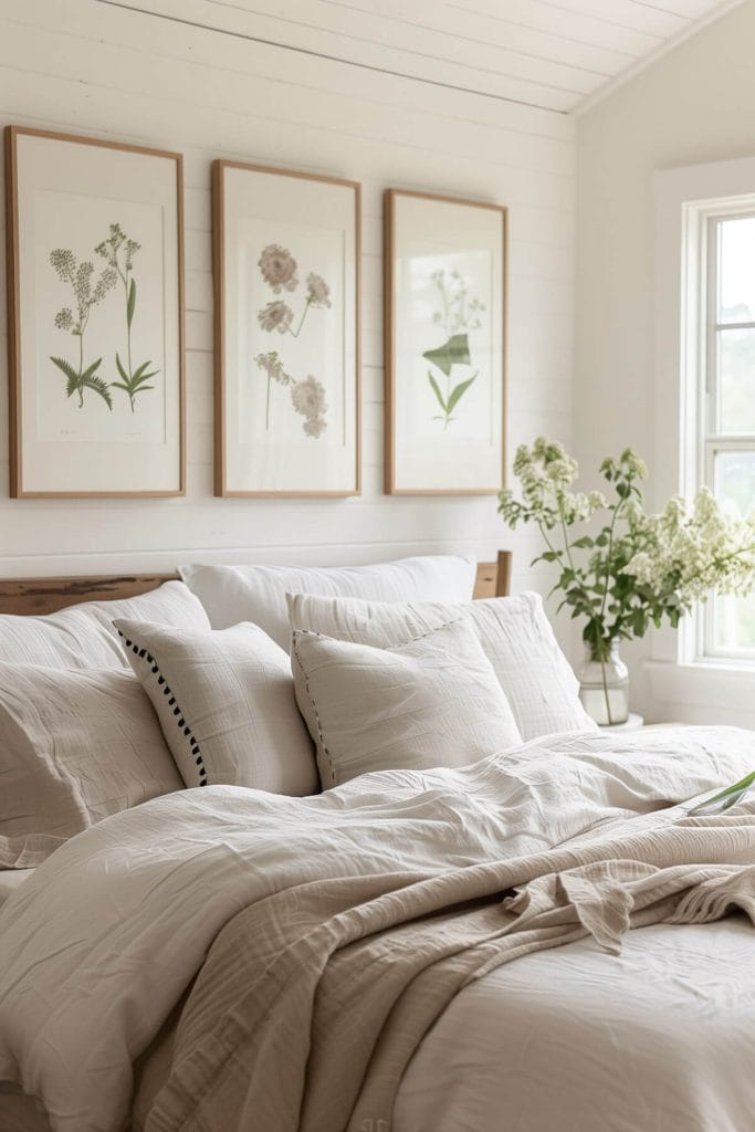 Framed pressed flowers hung on the walls adding a delicate, botanical touch to a bedroom.