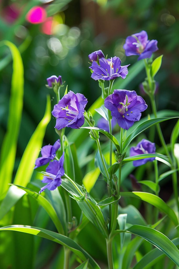 Clusters of small, three-petaled spiderwort flowers in purple, and white blooming in a sunny to partially shaded garden.