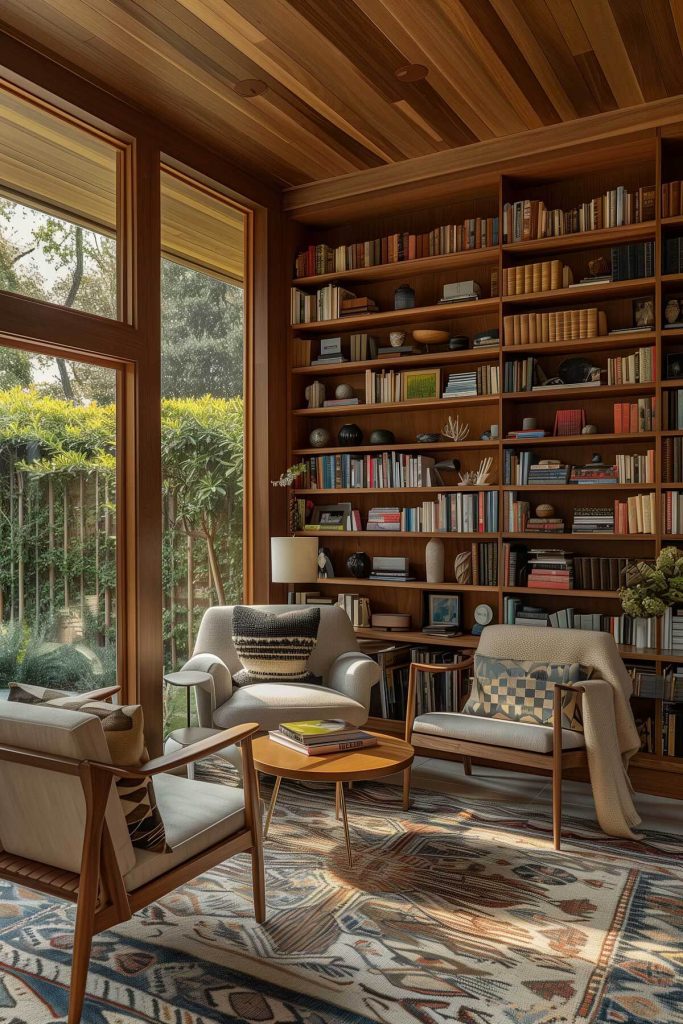 Stylish, timeless furniture and decor in a mid-century modern library design.