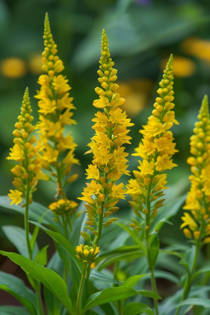 Arching spikes of yellow lysimachia flowers blooming in a sunny to partially shaded garden, adding unique shapes.