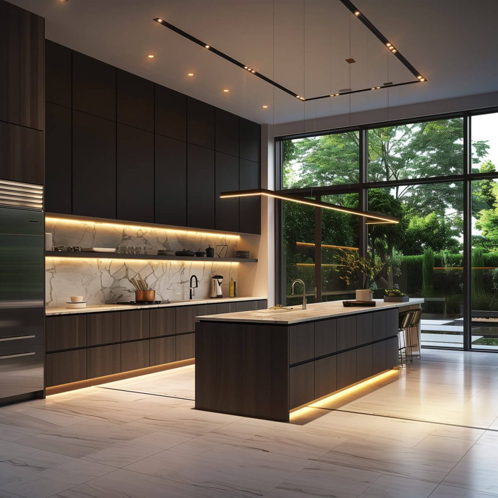 Kitchen with adaptive smart lighting systems.