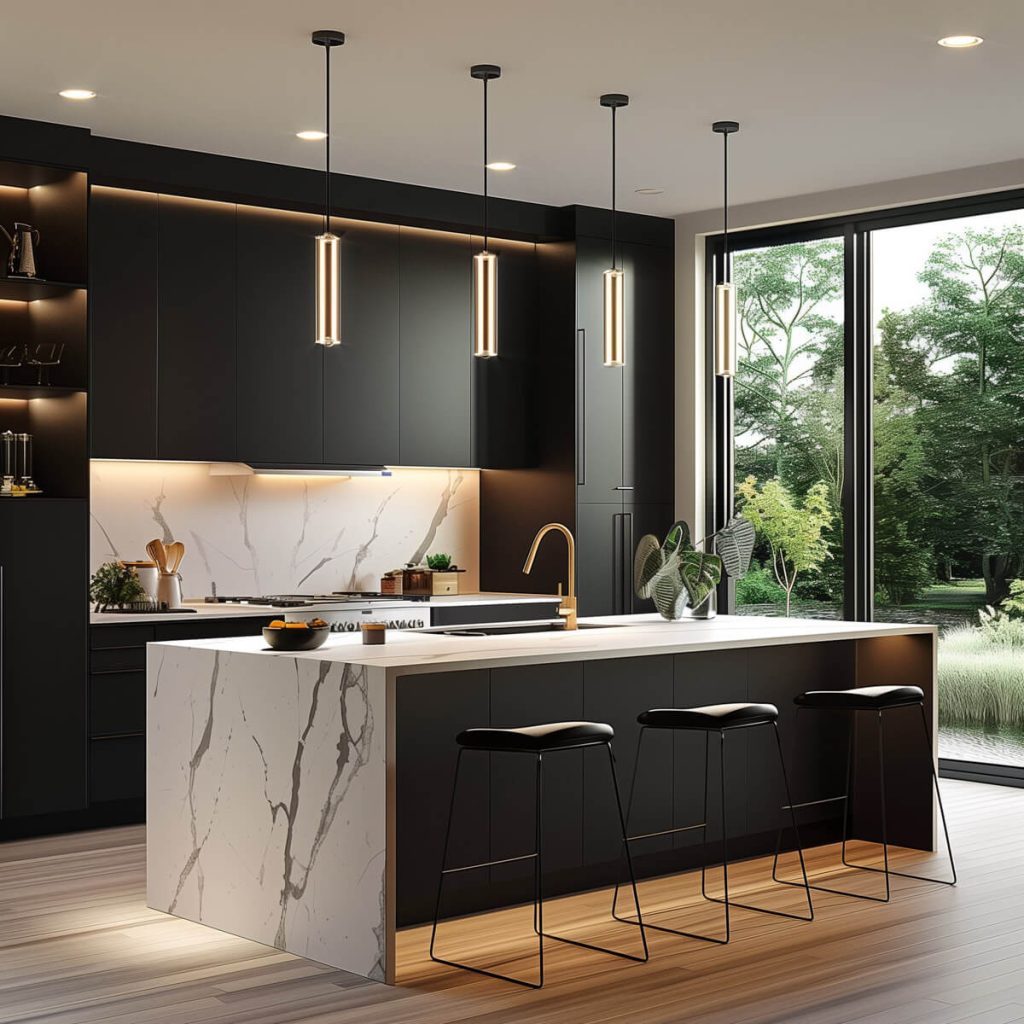 Kitchen with adaptive smart lighting systems.