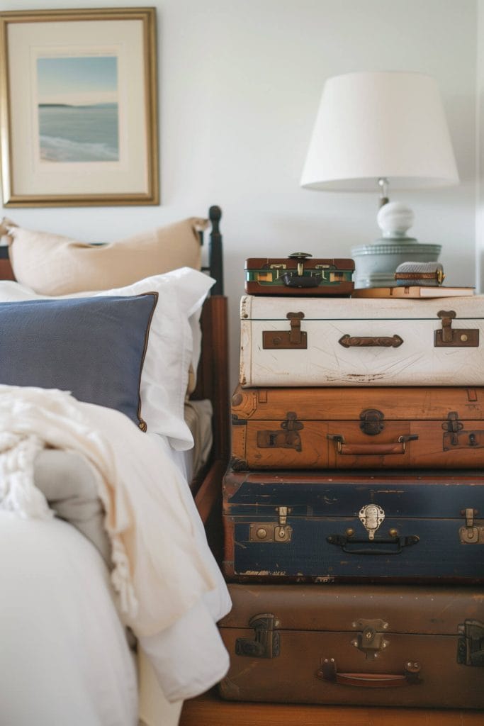 Vintage suitcases used for storage and decor adding a nostalgic touch to a bedroom.