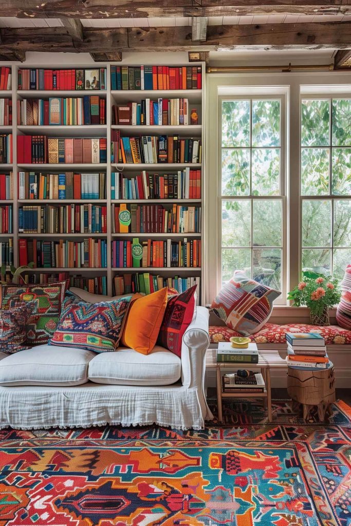 Bold, colorful rugs adding pattern and interest to the library space.