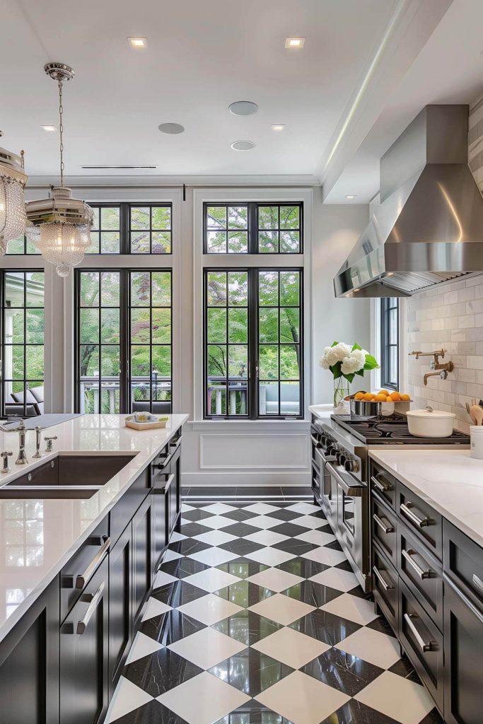 Kitchen with bold geometric floor patterns