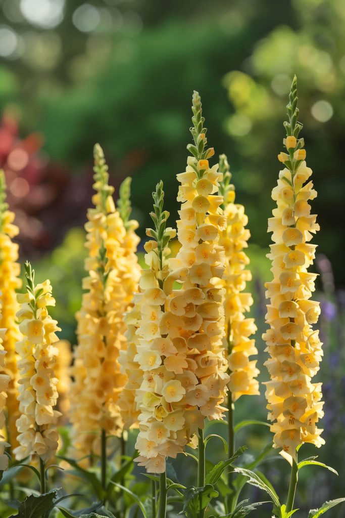 Tall spikes of verbascum flowers in yellow, and white, blooming in a sunny garden, adding vertical interest.