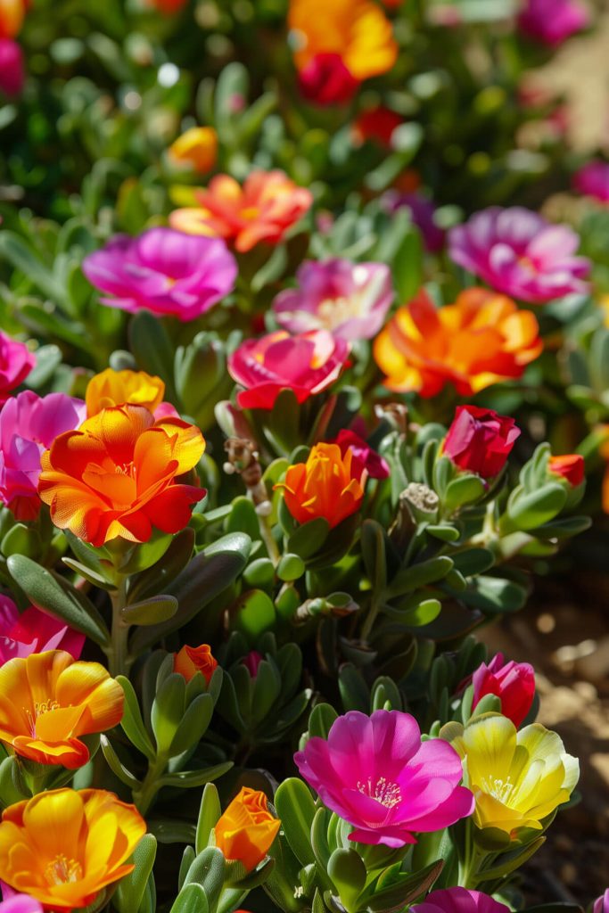 Vibrant portulaca flowers in various bright colors with fleshy green leaves in a sunlit sandy garden.