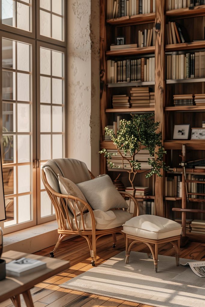 Rustic reclaimed wood shelves in an eco-friendly library with natural wood finishes and a cozy atmosphere.