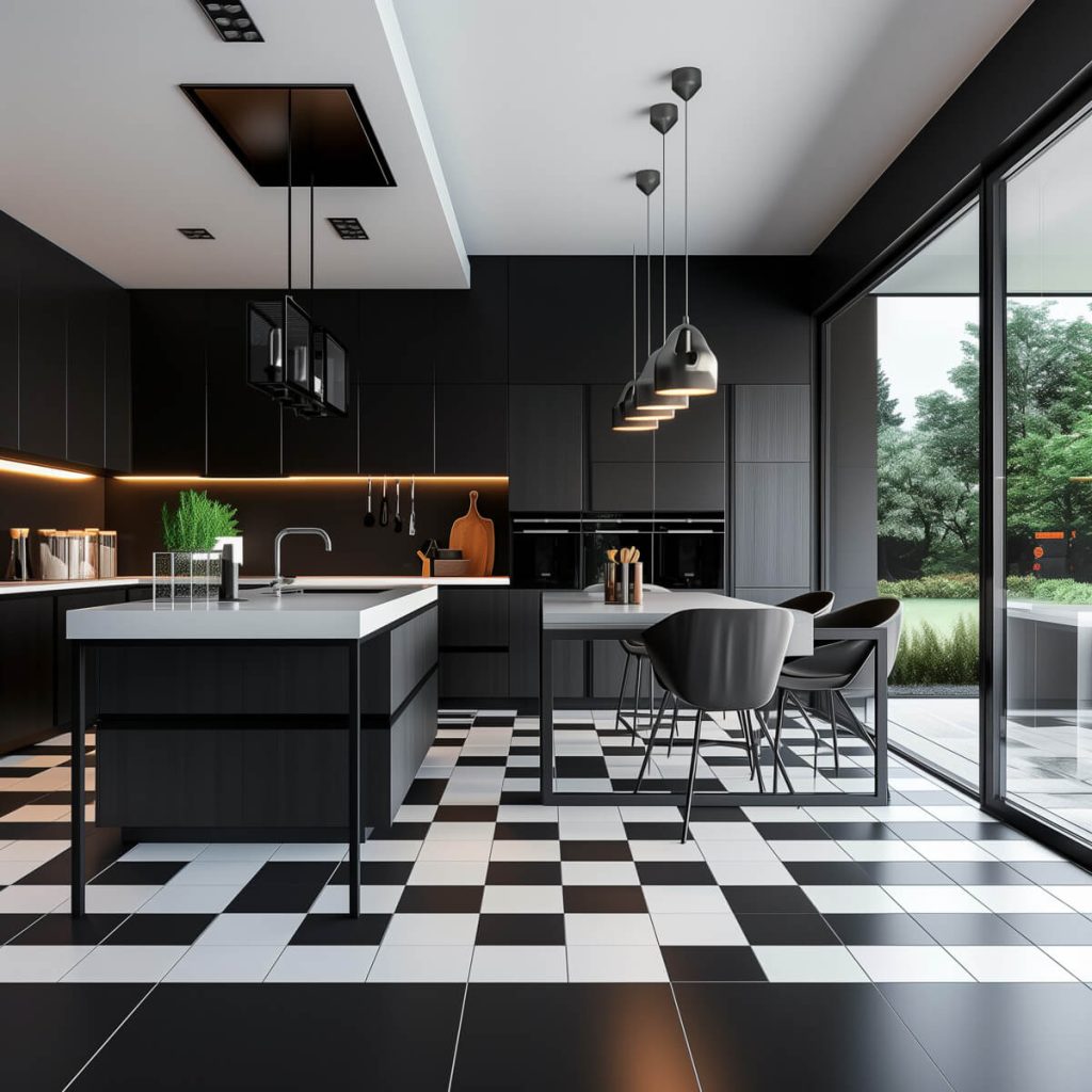 Kitchen with bold geometric floor patterns