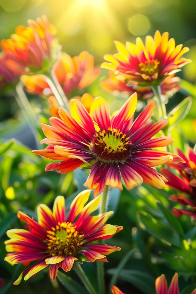 Bright red, yellow, and orange daisy-like petals of blanket flower in a sunlit garden.