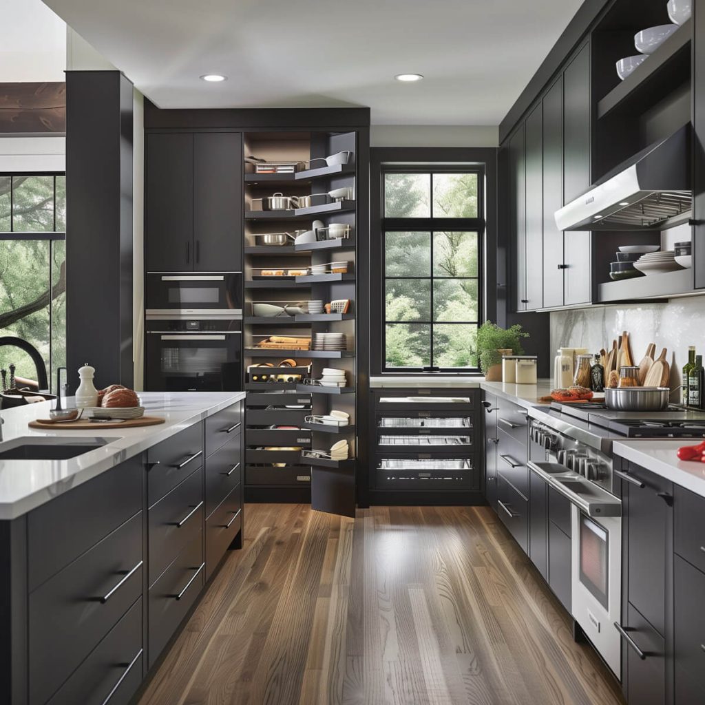 Custom pantries with organized shelving in a modern kitchen.