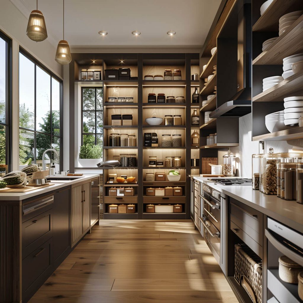 Custom pantries with organized shelving in a modern kitchen.