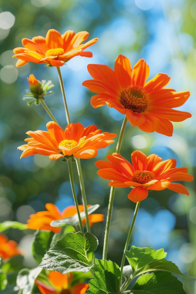 Large, vibrant tithonia flowers in shades of orange, and yellow blooming in a sunny garden, attracting butterflies.