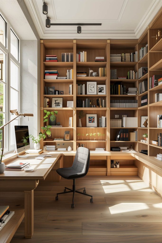 Functional and inspiring workspace with shelves around a desk combining home office and library.