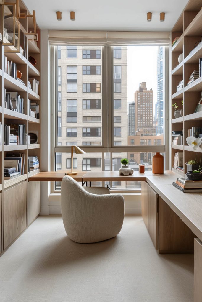 Functional and inspiring workspace with shelves around a desk combining home office and library.