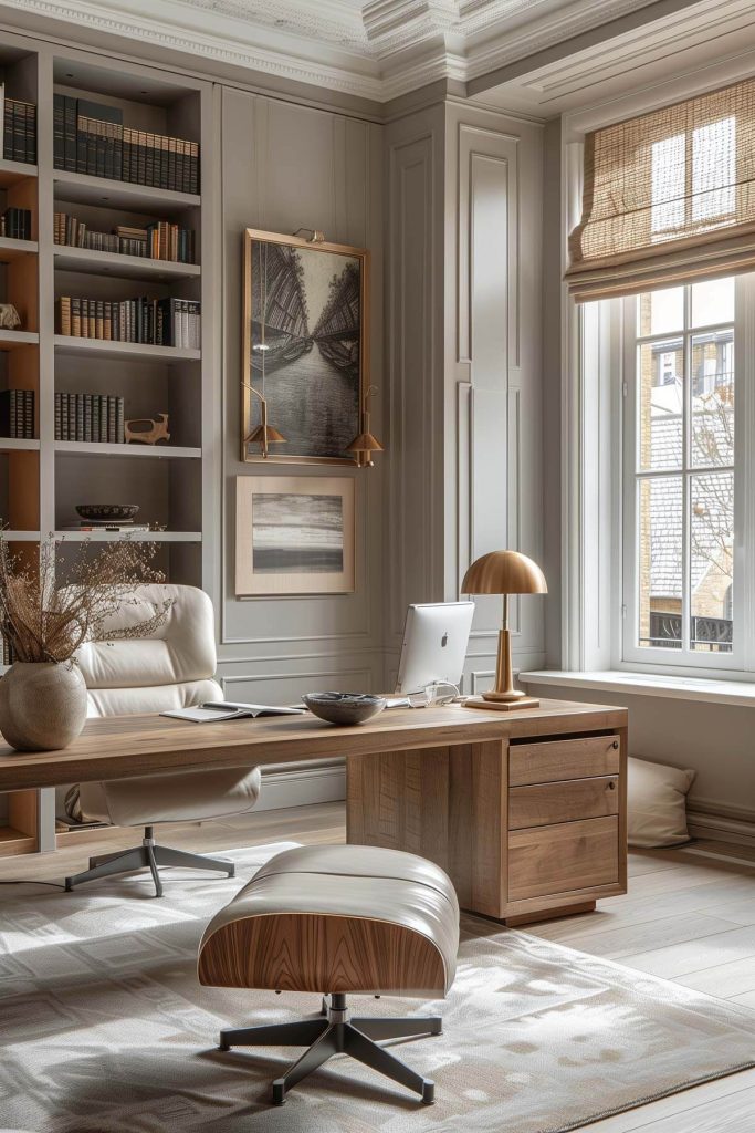 Functional and inspiring workspace with shelves around a desk combining home office and library.