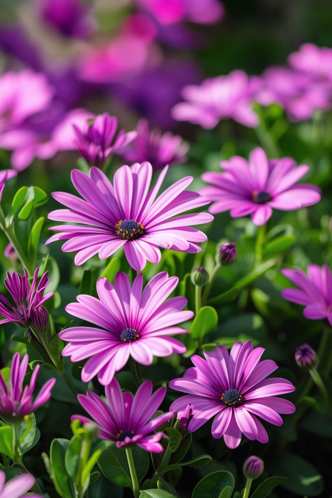 Daisy-like osteospermum flowers purple and blue blooming in a sunny garden, creating continuous color.