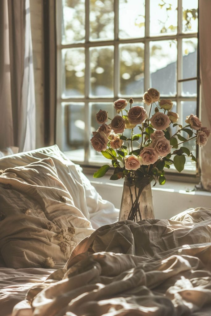 Dried flower arrangements adding a rustic and long-lasting natural element to a bedroom.