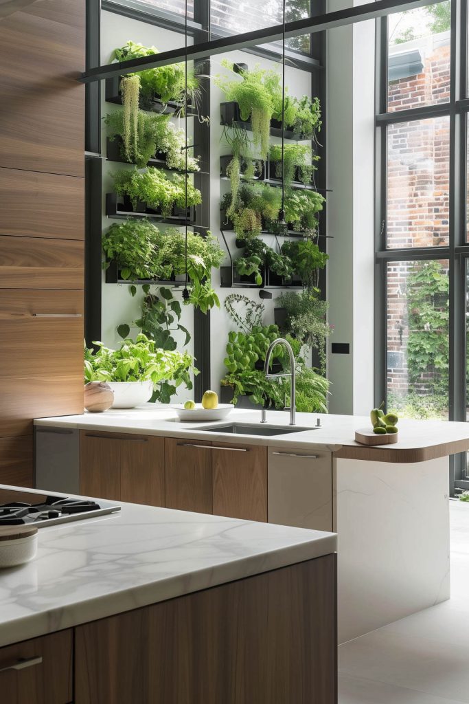 Kitchen with an indoor herb garden and vertical plant wall.
