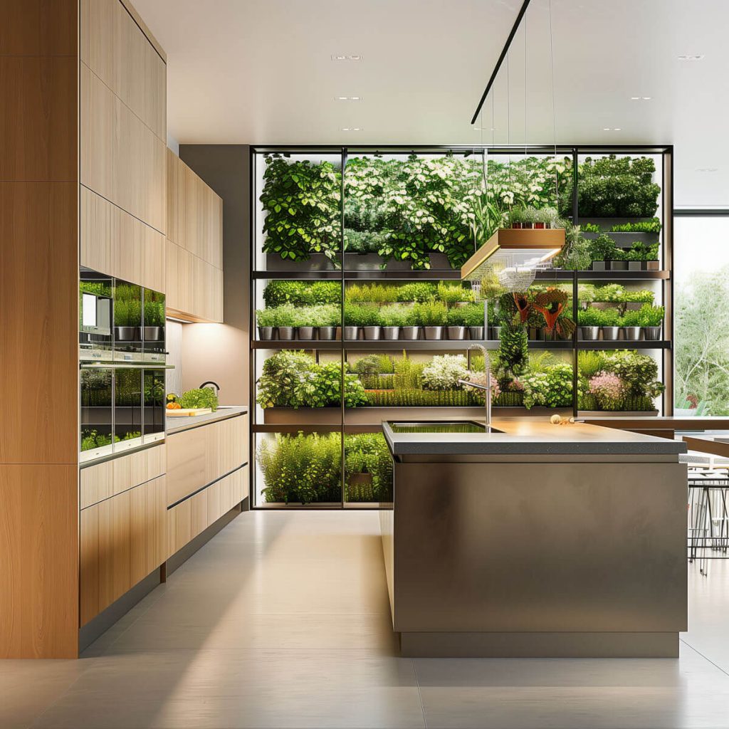 Kitchen with an indoor herb garden and vertical plant wall.