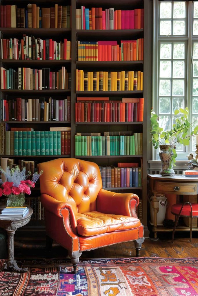 Books arranged by color on shelves creating a visually appealing rainbow-like effect in a stylish library.