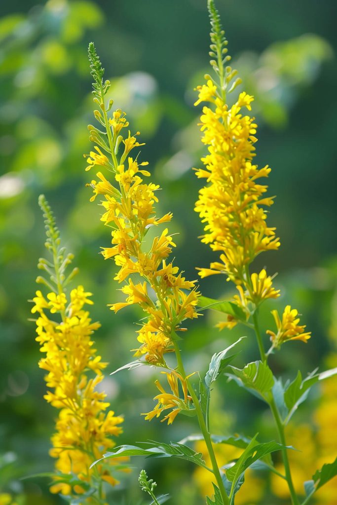 Tall spikes of bright yellow solidago flowers blooming in a sunny to partially shaded garden, attracting pollinators.