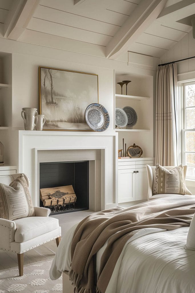 Decorative porcelain dishes displayed on shelves adding a touch of vintage elegance to a bedroom.