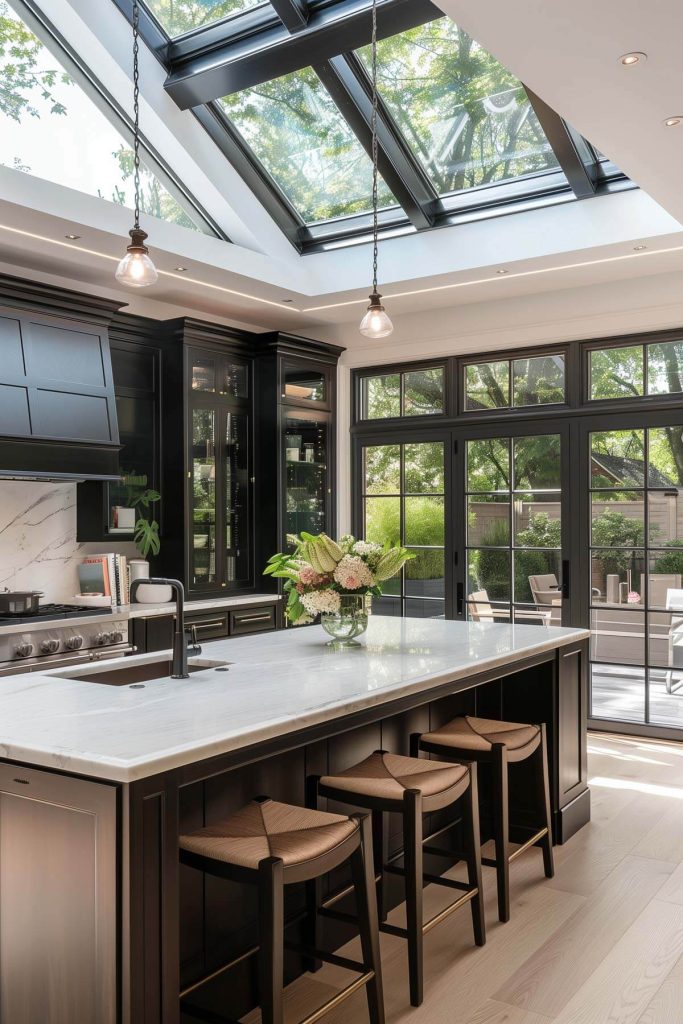 Bright kitchen flooded with natural light from skylights and large windows.