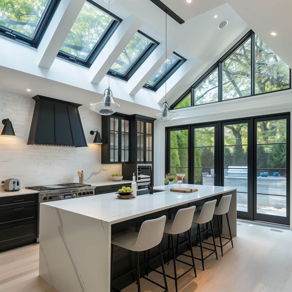 Bright kitchen flooded with natural light from skylights and large windows.