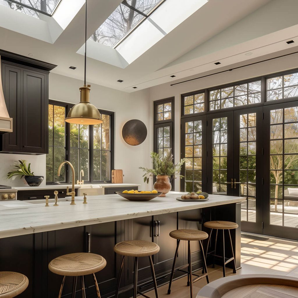 Bright kitchen flooded with natural light from skylights and large windows.