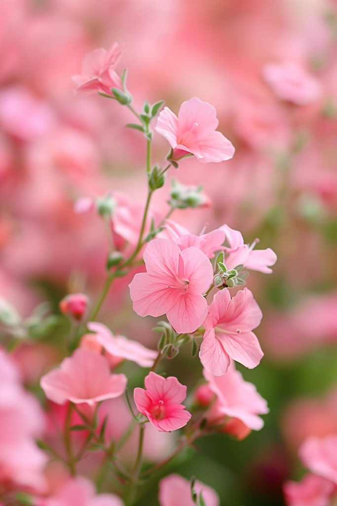 Small, delicate diascia flowers in shades of pink, and white blooming in a sunny to partially shaded garden.