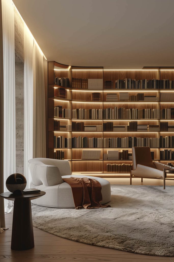 Built-in LED strips highlighting shelves and creating ambiance in a custom-lit library.