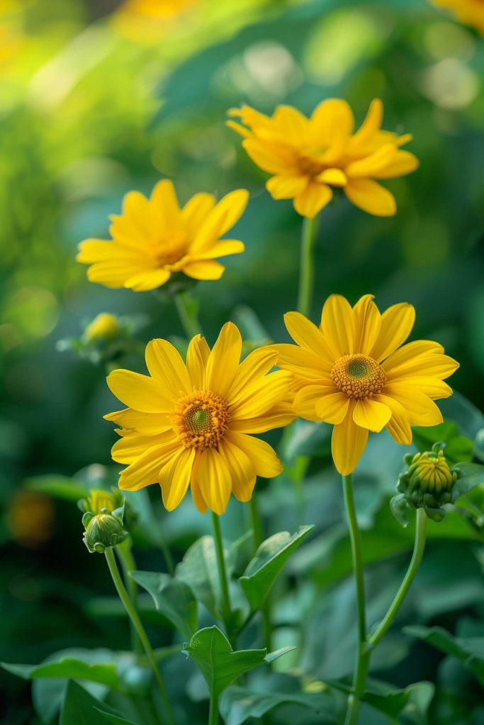 Bright yellow and gold heliopsis flowers blooming in a sunny garden, adding cheerful color and a wildflower look.