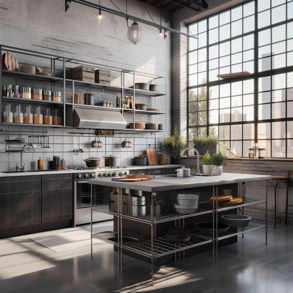 Kitchen with industrial-style open metal shelving and wire racks.