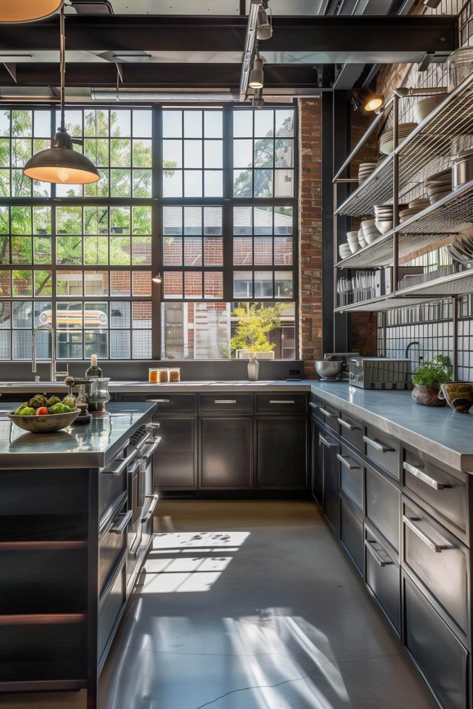 Kitchen with industrial-style open metal shelving and wire racks.