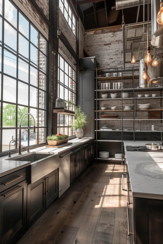 Kitchen with industrial-style open metal shelving and wire racks.