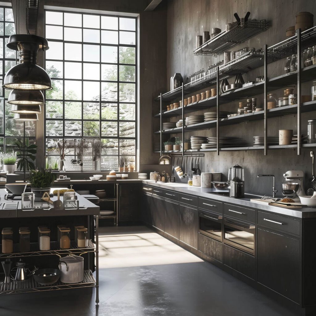 Kitchen with industrial-style open metal shelving and wire racks.