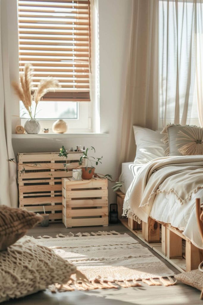 Wooden crates used for storage and display enhancing the rustic charm of a bedroom.