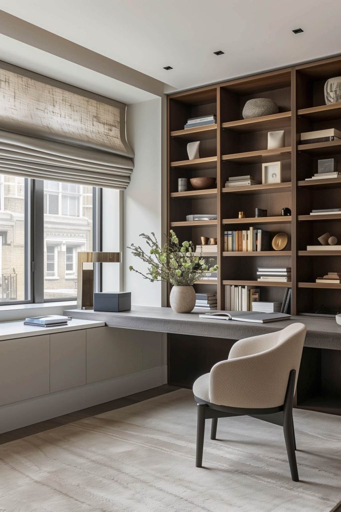 A modern library featuring sleek floating shelves and a seamless workspace with contemporary decor.