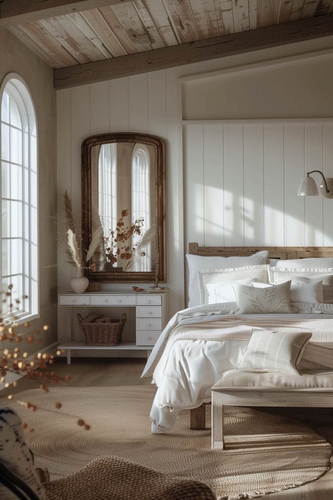 An antique mirror with a distressed frame adding old-world sophistication to a bedroom.