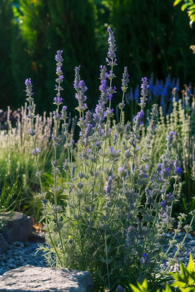 Russian sage with silvery foliage and tall spires of lavender-blue flowers in a sunlit garden.