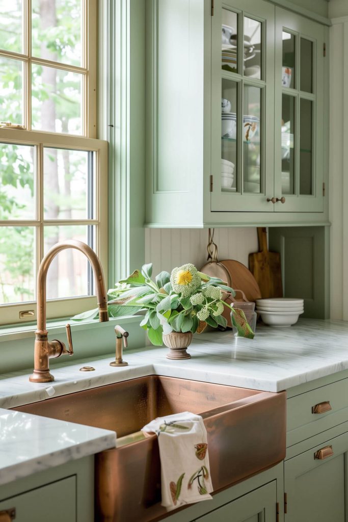 Sage green cabinets accented with copper hardware and a copper sink.