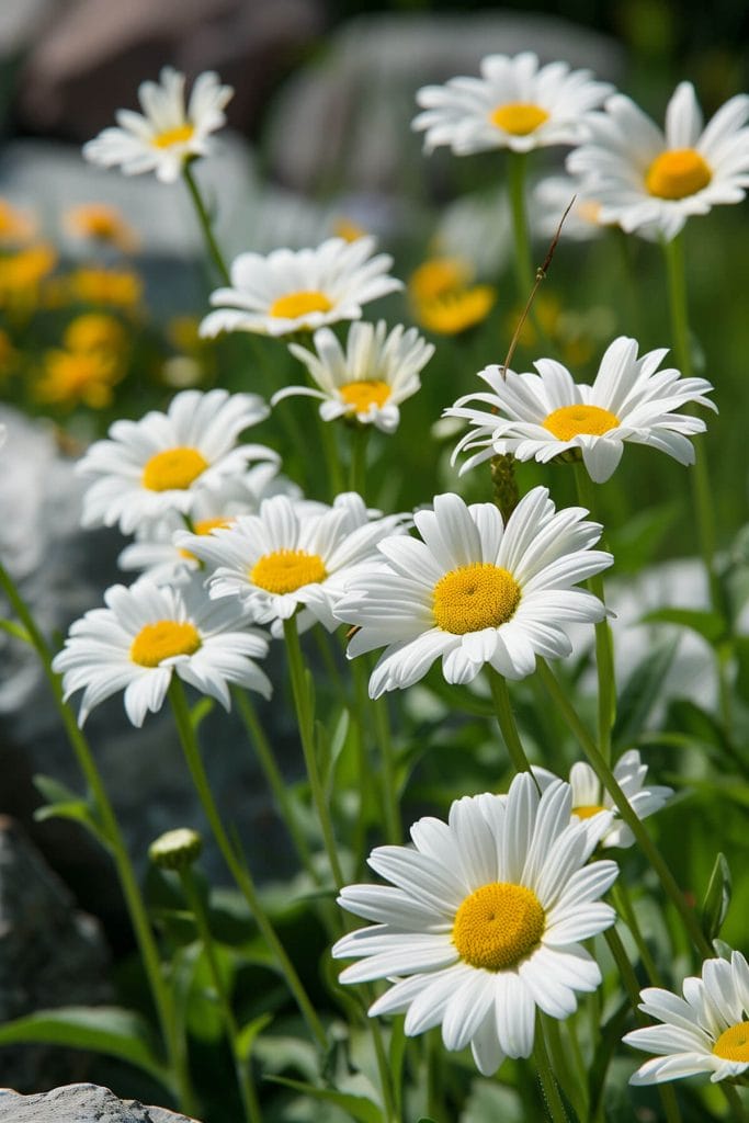 Classic Shasta daisies with white petals and yellow centers blooming in a sunny garden, creating a timeless and elegant display.