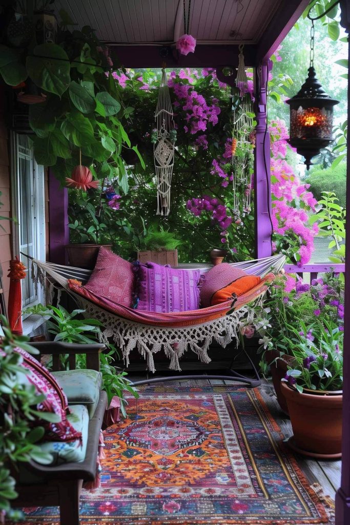 A bohemian garden with colorful rugs, cushions, and a hammock.