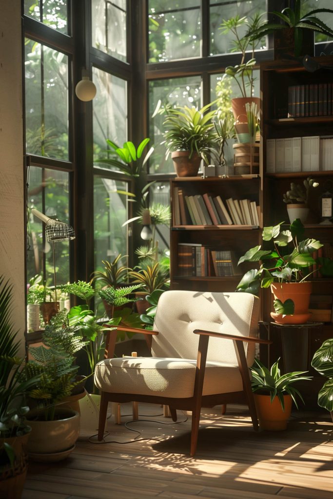 Indoor plants mixed among bookshelves bringing nature into a cozy library.