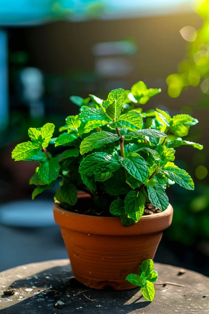 A vibrant mint plant growing in a terracotta pot, with fresh green leaves illuminated by soft sunlight.