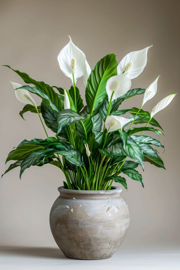 Ultra-realistic photograph of a Peace Lily with white flowers and glossy green leaves in a serene indoor space.